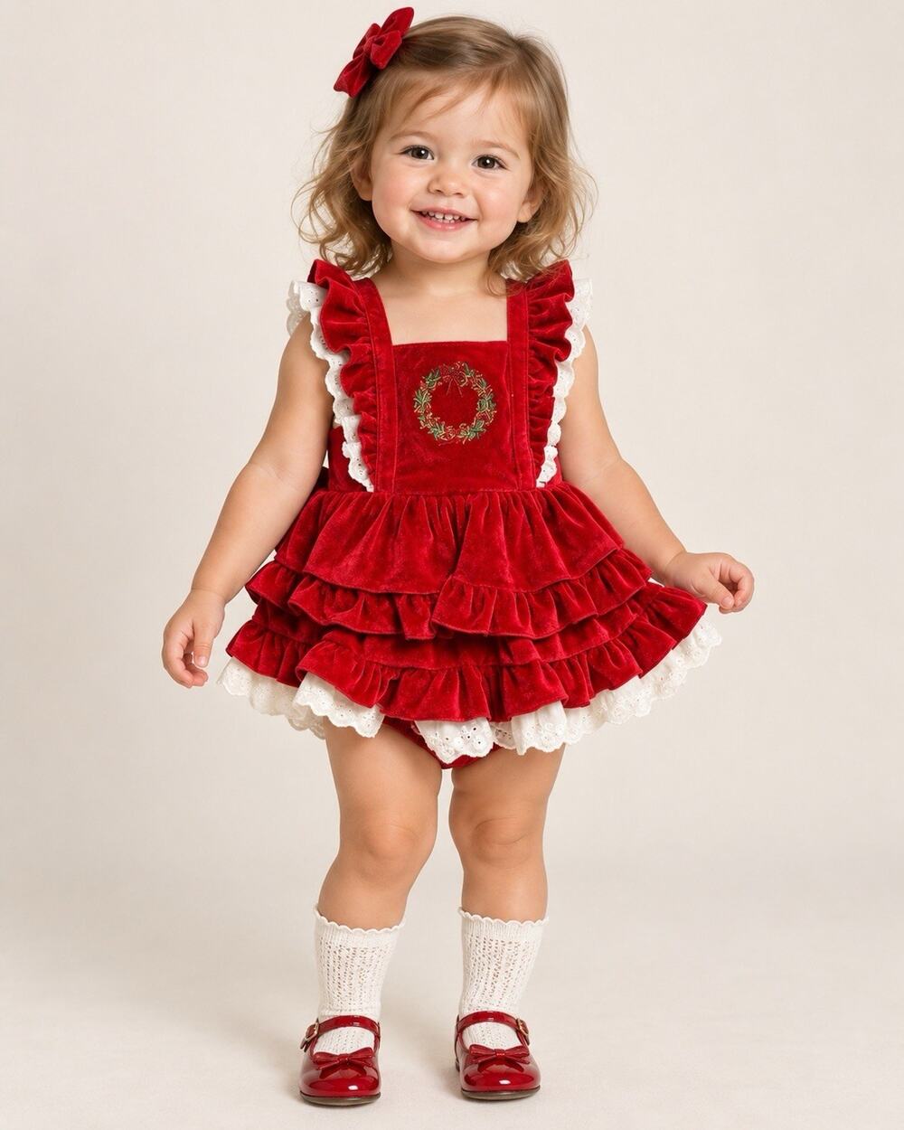 Bums & Roses Baby Girl 18-24M Red Velvet Christmas Ruffle Romper NWT
